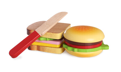Toy burger, sandwich and knife on white background