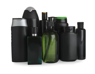 Many different cosmetics products on white background