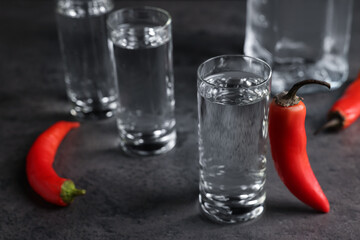 Red hot chili peppers and vodka on grey table