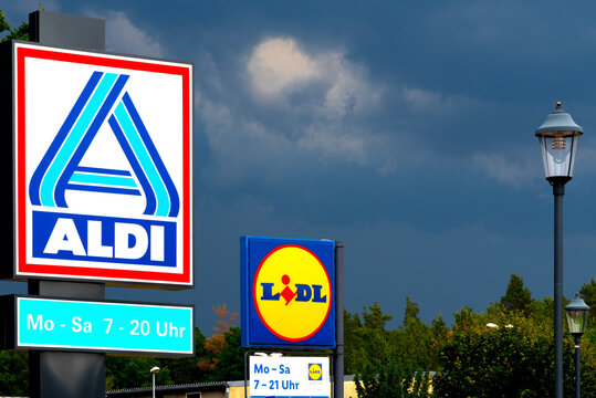Austria 2020: Close up of Aldi and Lidl advertising signs. German discount supermarkets