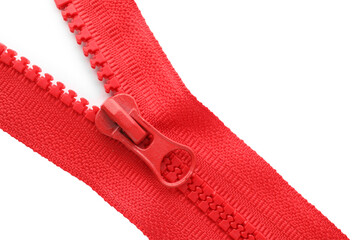 Red zipper on white background, top view