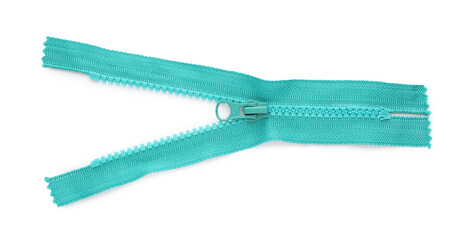 Turquoise zipper isolated on white, top view