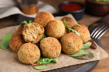 Delicious falafel balls with herbs on wooden table, closeup