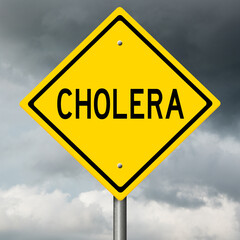 Rendering of yellow highway sign warning of cholera with black clouds in background