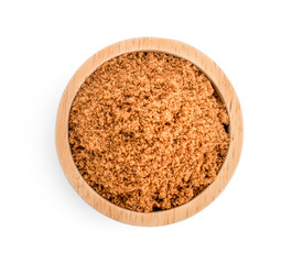 wooden bowl of brown sugar isolated on white background
