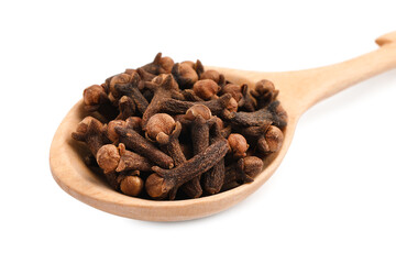 Wooden spoon with aromatic dry cloves isolated on white, closeup