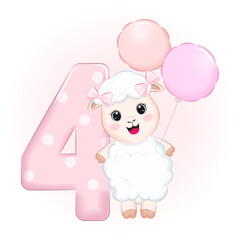 Obraz na płótnie Canvas Cute little sheep, Happy birthday 4 years old