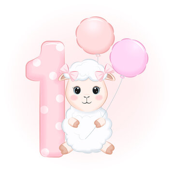 Cute little sheep, first birthday party, Happy birthday 1 year old