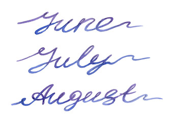Set Watercolor continuous blue and violet one line drawing lettering summer month June, July and August on white background