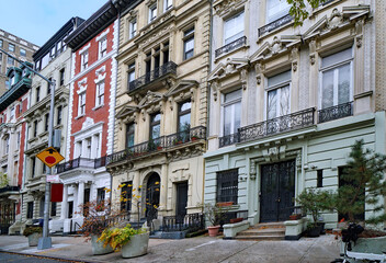 Manhattan street with old apartment buildings in an ornate French Beaux-Arts architectural style