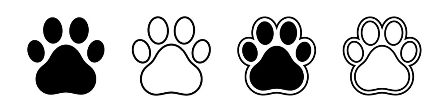 Dog and cat footprint vector icon set. Footprint pet. Paw prints. Black silhouette paw. Vector illustration