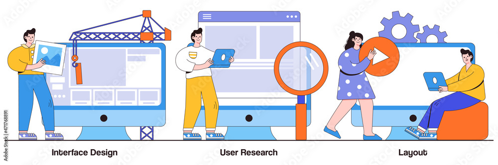 Poster interface design, user research, layout concept with tiny people. user interface development abstrac