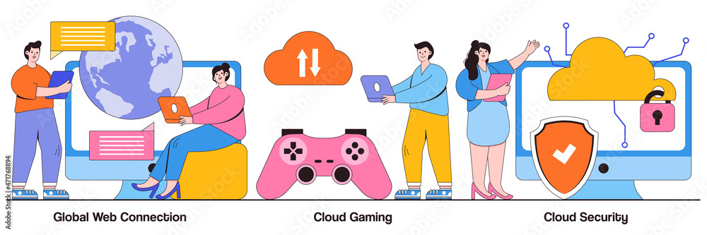 Poster global web connection, cloud gaming and security concept with tiny people. cyber security engineerin