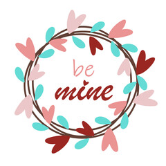 Floral wreath for valentine's day vector icon. Hand-drawn cute frame. Round garland with hearts, leaves, place for text. Beautiful festive border, pastel colors. Romantic sketch, flat cartoon style.