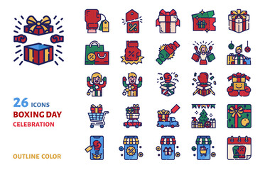 Obraz na płótnie Canvas Boxing day sale outline color icon vector set illustration