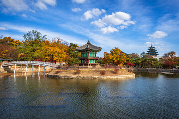 The pavilion in the middle in autumn.View in Gyeongbokgung palace seoul .South Korea.