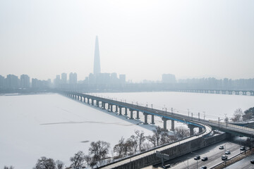 Winter and snow of Seoul Subway and Seoul City at Han river Seoul, South Korea.Time lapse 4k.