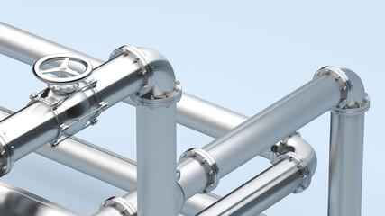 Steel pipes with a valve for gas and oil. Steel tubes concept, 3D rendering.
