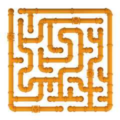Oil pipes are isolated in the background. A maze and a QR code form made of colored pipes. 3d illustration.