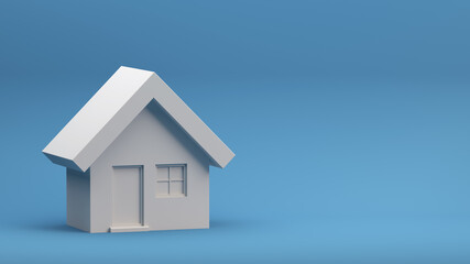 Miniature house, for real estate concepts and ecological construction. House icon on a blue background, 3d visualization.