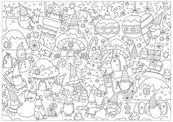 Merry Christmas and Happy Holidais coloring page. Cute cartoon Christmas gnomes in doodle style. Printable Christmas coloring book
