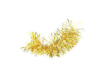 Piece of shiny golden tinsel isolated on white. Christmas decoration