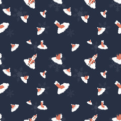 snow covered Santa Claus, hat, gloves, socks, decorative ball, snowflake seamless repeat pattern for packaging, textile, gift cover, background for Christmas design project.