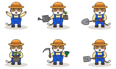 Vector illustration of Cat farmer cartoon. Cute Cat farmer character design with straw hat. Character flat design.
