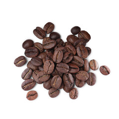 Pile of roasted coffee beans on white background, top view