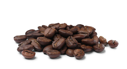 Pile of roasted coffee beans on white background
