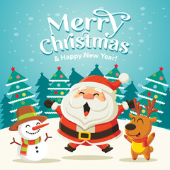 Merry Christmas greeting card with cartoon Santa Claus, reindeer and snowman in snow and christmas trees scenery in winter season