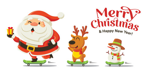 Merry Christmas and happy new year greeting with cute Santa Claus, snowman and reindeer riding skateboard. Holiday in winter season