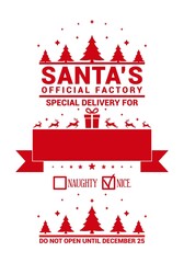 Christmas design for a personalized gift bag from Santa Claus. Santa's official factory - special delivery. Print design template for xmas handmade gifts. Vector illustration on white background
