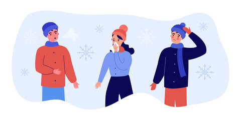 Fototapeta premium Cartoon people having health problems in winter. Men and woman having cold, runny nose, headache, fever flat vector illustration. Winter illness concept for banner, website design or landing web page