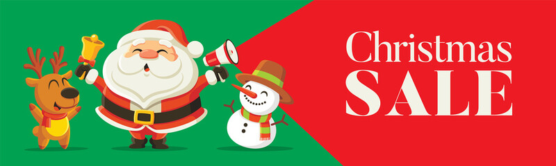Merry Christmas sales banner with cute Santa Claus holding megaphone and jingle bell, snowman and reindeer. Holiday in winter season