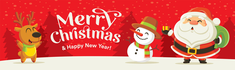 Merry Christmas and happy new year greeting with cute Santa Claus, snowman and reindeer. Holiday in winter season
