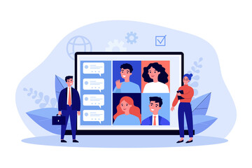 Tiny office workers communicating with employees online. People writing messages for employer using app flat vector illustration. Modern technology concept for banner, website design, landing web page