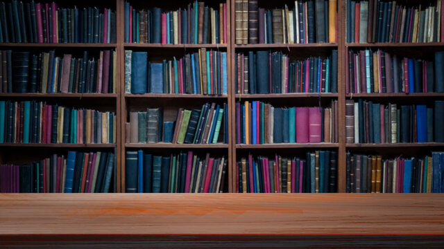 empty wooden floor in front of bookshelf background