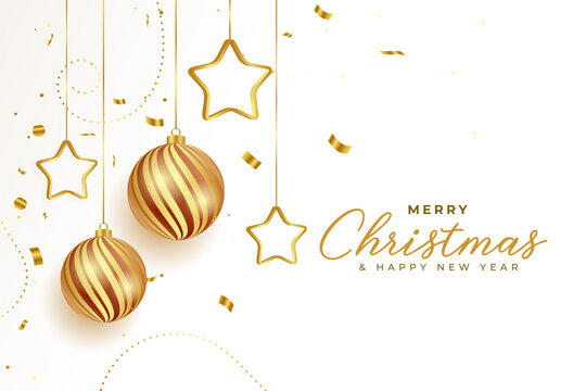 merry christmas celebration greeting with balls and golden stars