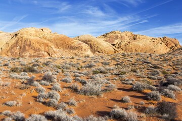 Colorful Rock Formations, Scenic Mojave Desert Landscape View and Blue Sky in Valley of Fire State Park, Nevada USA
