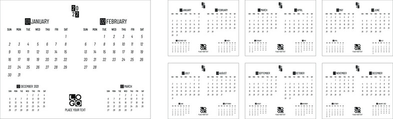 Monthly calendar template for 2022 year. Week Starts on Sunday. Minimalist style. Vector illustration.