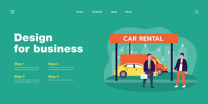 Salesman and customer standing in front of different cars. Male character making deal, selling vehicle flat vector illustration. Car rental, traveling concept for website design or landing web page