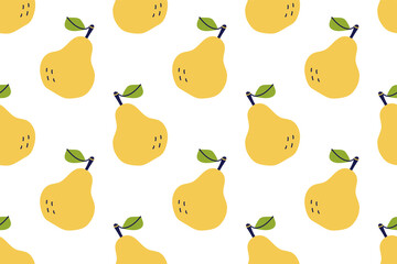 Pear with leaves. Fruit seamless pattern. Hand drawn vector illustration. Sweet natural food.