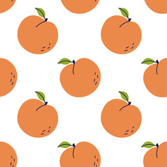 Peach fruit with leaf. Seamless pattern. Hand drawn vector illustration. Sweet natural food.