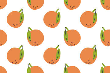 Orange fruit with leaf. Seamless pattern. Hand drawn vector illustration. Sweet citrus exotic food.