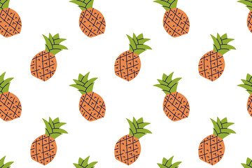 Pineapple fruit. Seamless pattern. Hand drawn vector illustration. Sweet exotic food.