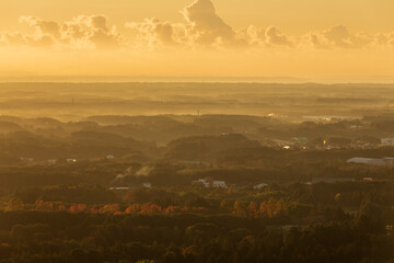茨城県かすみがうら市三石森林公園から朝霞に差し込む朝日と光芒
