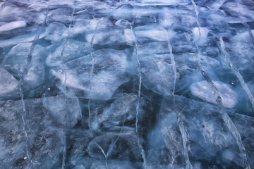 ice texture cracks baikal, abstract background winter ice transparent blue