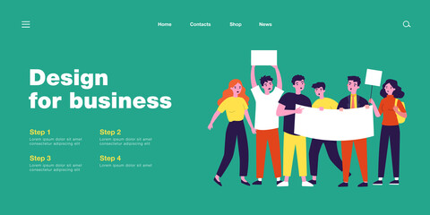 Group of people with placard and banner at protest. Female character speaking into megaphone flat vector illustration. Demonstration, activism concept for banner, website design or landing web page