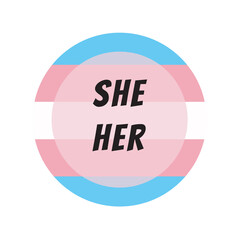Gender Definition Pronoun: she, her on the colorful Trans flag. Shy Enby’s Guide for Cis Trans People. Vector illustration for banner party poster, sticker, cloth t-shirt, website page advertisement